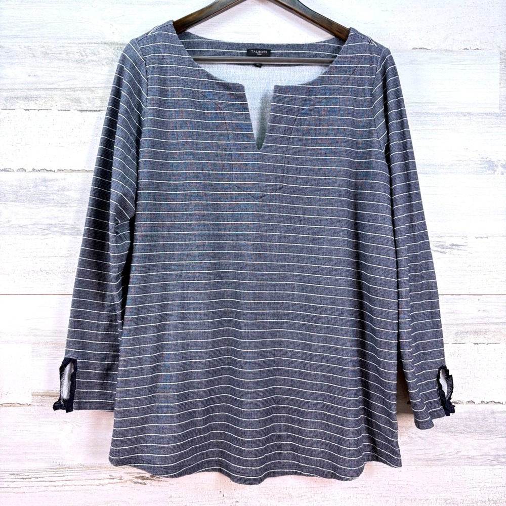 Talbots Woman Striped Split Neck Long‎ Sleeve Top Navy Blue White Plus Size 1X